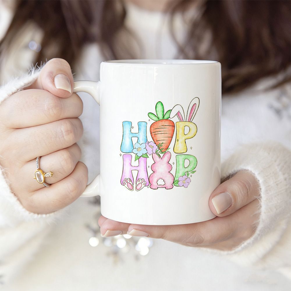 Tailorly White Ceramic 11 oz Mug - Hop Hop Colorful Pastel Graphics With Easter Carrot And Bunny Silhouette Mug