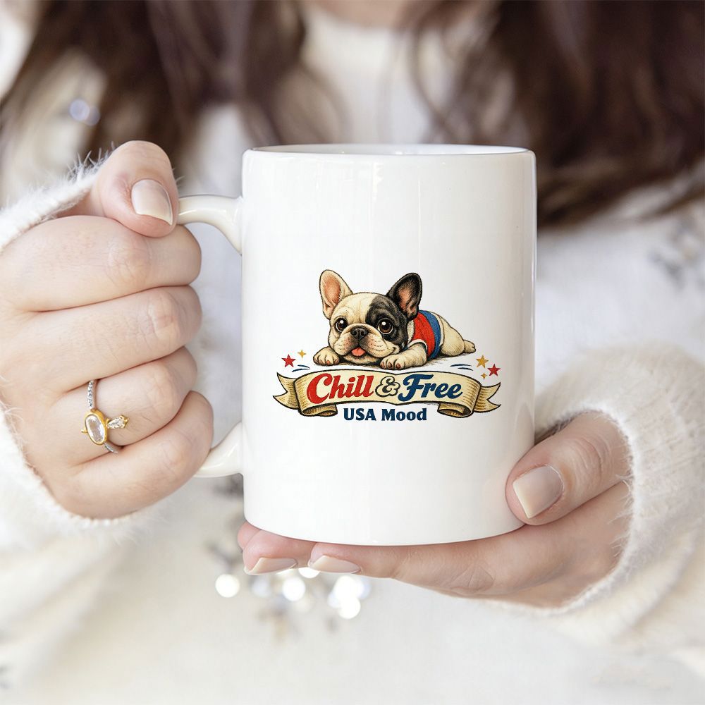 Tailorly White Ceramic 11 oz Mug - Chill Free USA Mood Adorable French Bulldog Resting Peacefully Beside Decorative Colorful Patriotic Banner Dog