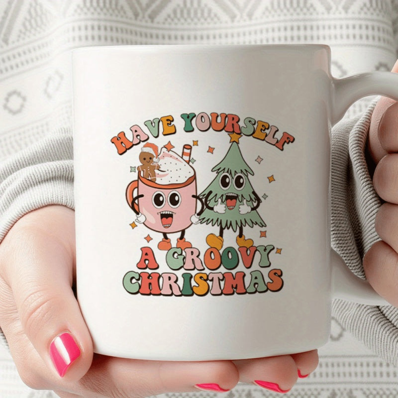 Tailorly White Ceramic 11 oz Mug - Have Yourself A Groovy Christmas Smiling Retro Cartoon Cup And Happy Festive Holiday Tree