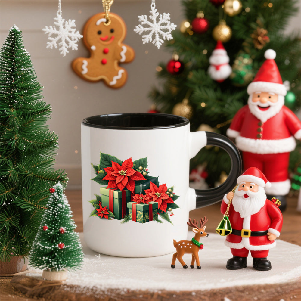 Tailorly Black Accent 11 oz Mug - red poinsettia， green leaves， christmas design