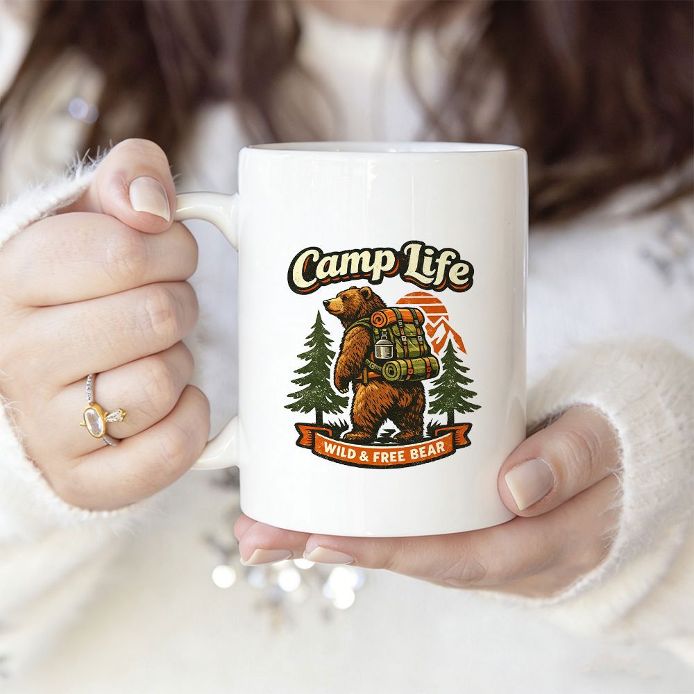 Tailorly White Ceramic 11 oz Mug - Camp Life Wild Free Bear Rugged Backpacking Creature Exploring Wilderness Forest Under Golden Sunset Bear