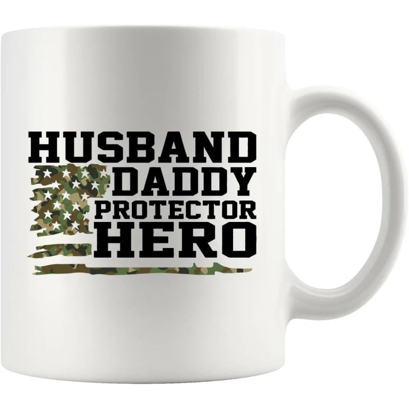Tailorly White Ceramic 11 oz Mug - Husband Daddy Protector Hero Patriotic Distressed Camouflage American Flag Design On