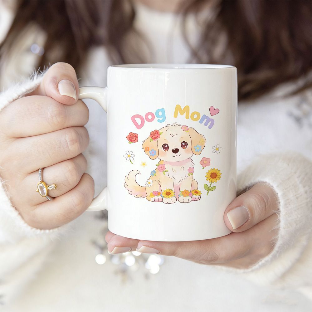 Tailorly White Ceramic 11 oz Mug - Dog Mom Adorable Colorful Cartoon Puppy Sitting Among Vibrant Spring Flowers Puppy