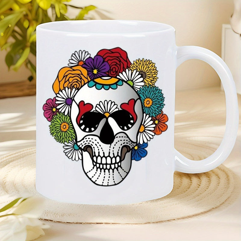 Tailorly White Ceramic 11 oz Mug - Vibrant Colorful Floral Arrangement Surrounding A Traditional Mexican Style Ornate Skull