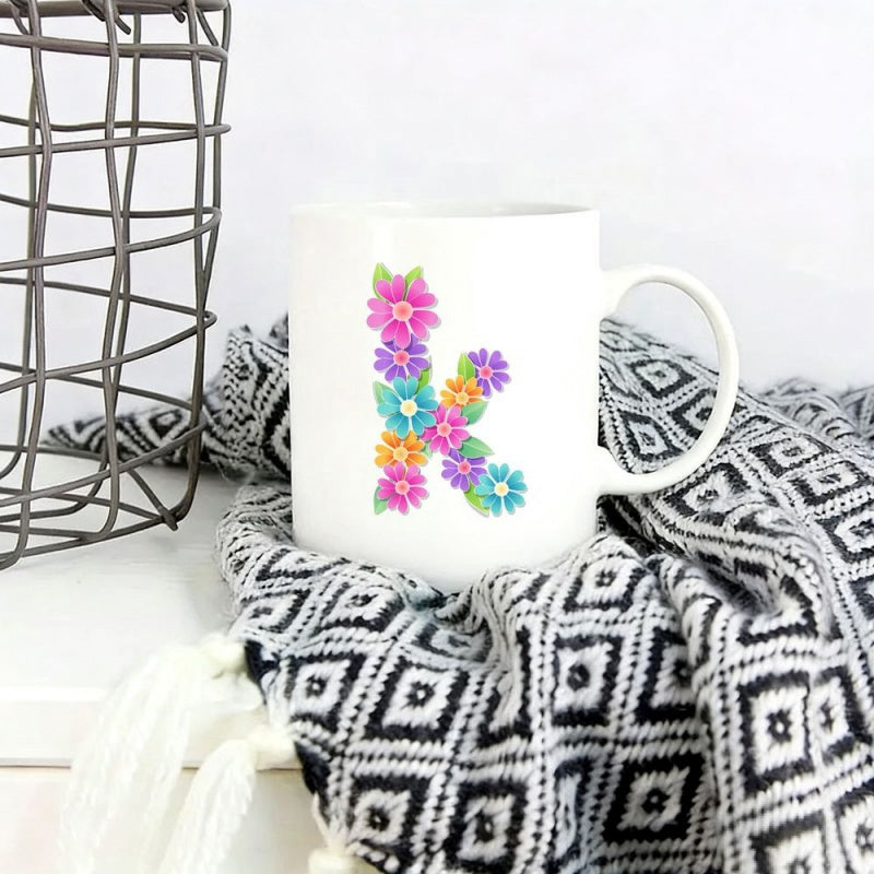 Tailorly White Ceramic 11 oz Mug - Colorful Flowers Arranged Into A Decorative Artistic Capital Alphabet K Letter