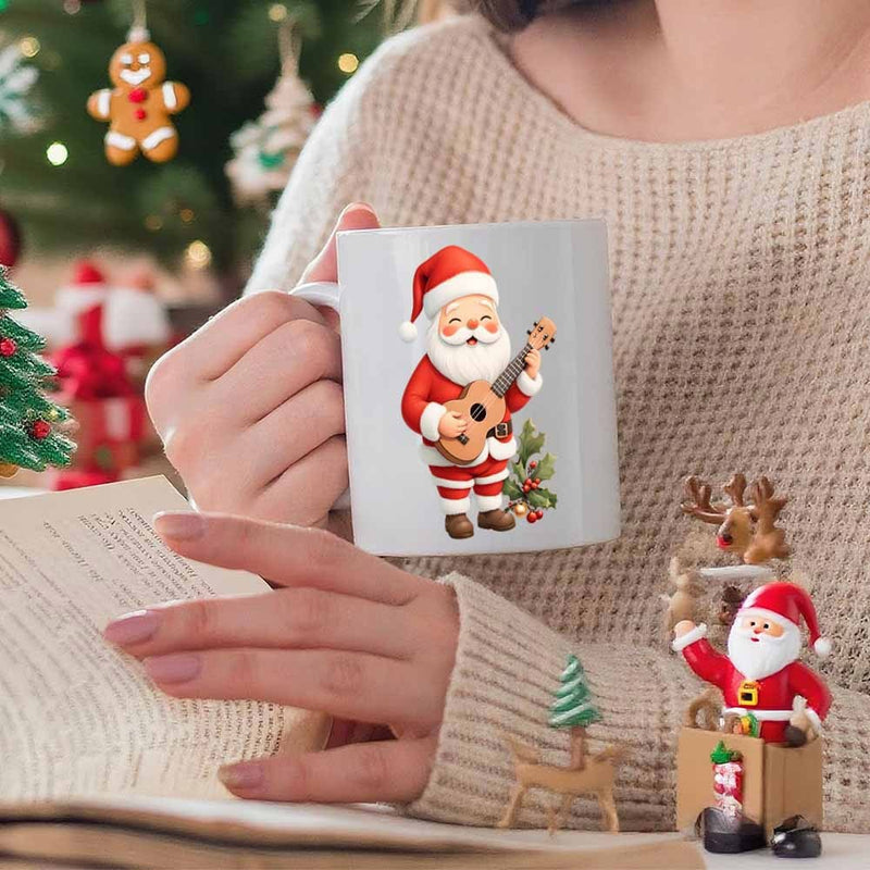 Tailorly White Ceramic 11 oz Mug - Festive Jolly Figure Playing A Small Wooden Ukulele Beside A Christmas Tree Santa