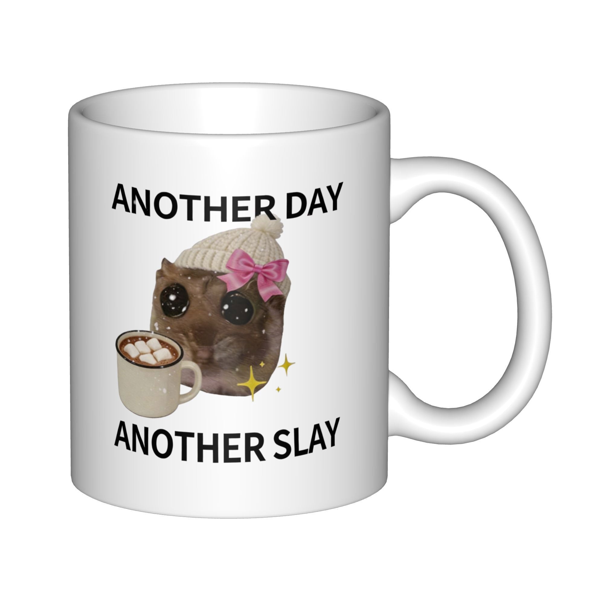 Tailorly White Ceramic 11 oz Mug - Another Day Another Slay Cute Chinchilla Wearing Knit Hat And Holding Hot Cocoa Chinchilla