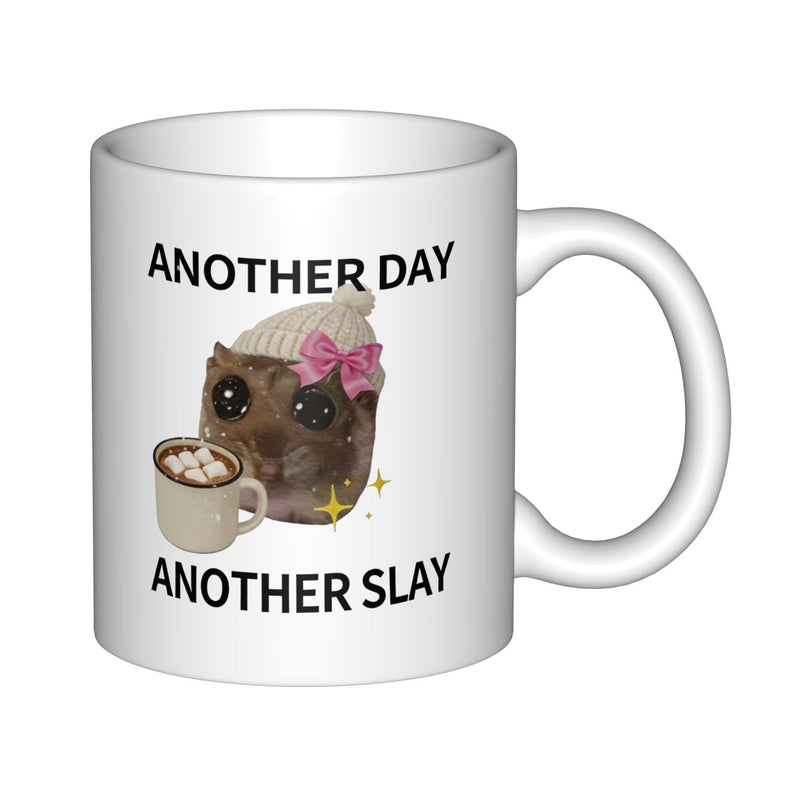 Tailorly White Ceramic 11 oz Mug - Another Day Another Slay Cute Chinchilla Wearing Knit Hat And Holding Hot Cocoa Chinchilla
