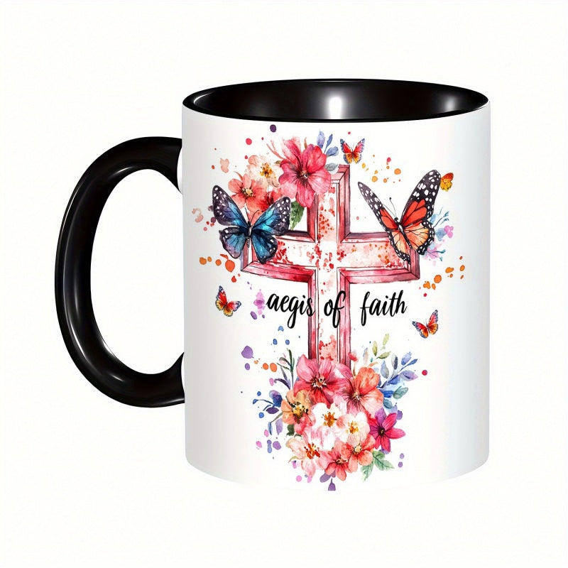 Tailorly Black Accent 11 oz Mug - inspirational faith design with colorful butterflies and flowers