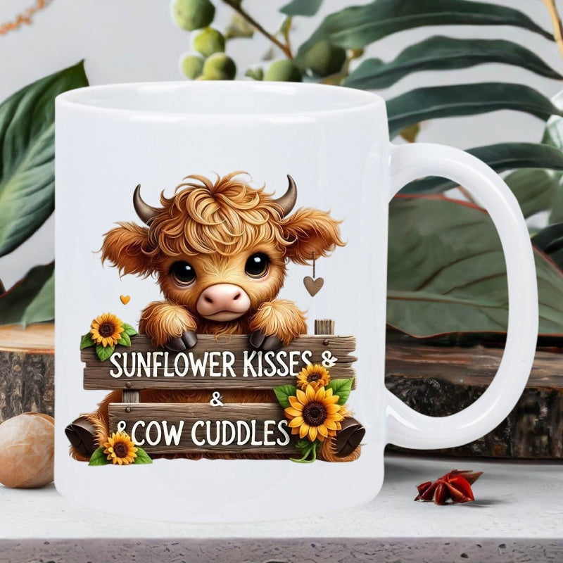 Tailorly White Ceramic 11 oz Mug - Sunflower Kisses Cow Cuddles Fluffy Brown Fur With Sunflowers Blooming Around Rustic Wooden Fences Cow
