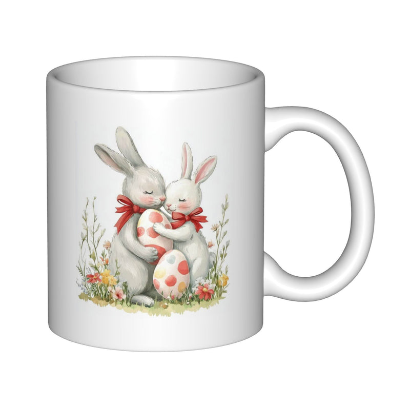 Tailorly White Ceramic 11 oz Mug - Adorable Watercolor Bunnies Hugging Spotted Easter Eggs Among Wild Garden Flowers Rabbit
