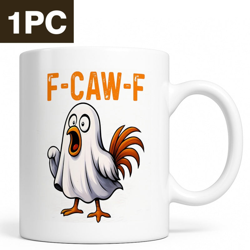 Tailorly White Ceramic 11 oz Mug - F Caw F Funny Rooster Wearing White Ghost Sheet Standing On Small Feet Rooster
