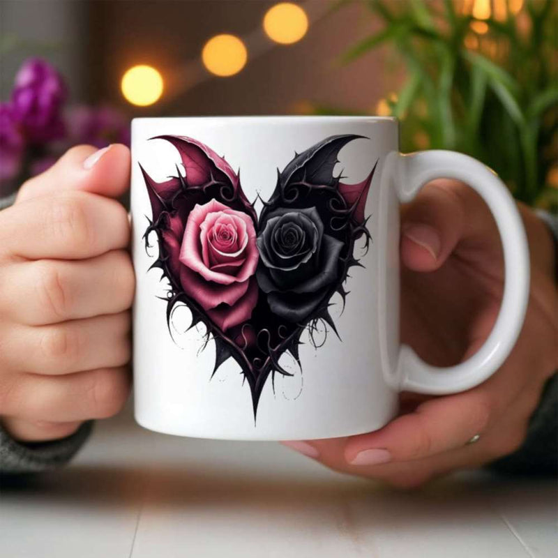 Tailorly White Ceramic 11 oz Mug - Gothic Dark Thorny Vines Surrounding Elegant Pink And Black Rose Heart