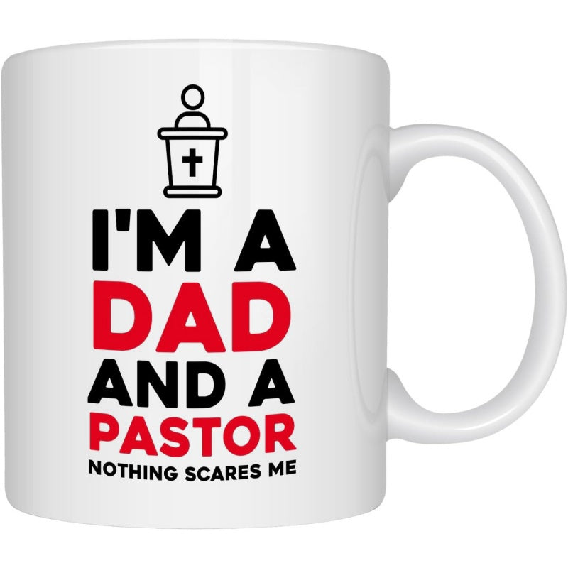 Tailorly White Ceramic 11 oz Mug - Im A Dad And A Pastor Nothing Scares Me Minimalist Black Line Icon Representing A Religious Pulpit With Small Cross Mug