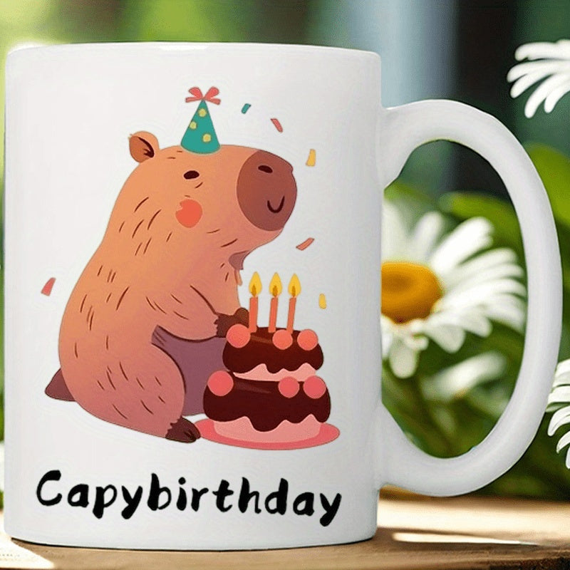 Tailorly White Ceramic 11 oz Mug - Capybirthday Adorable Cartoon Animal Wearing Party Hat Behind Festive Layered Cake Capybara