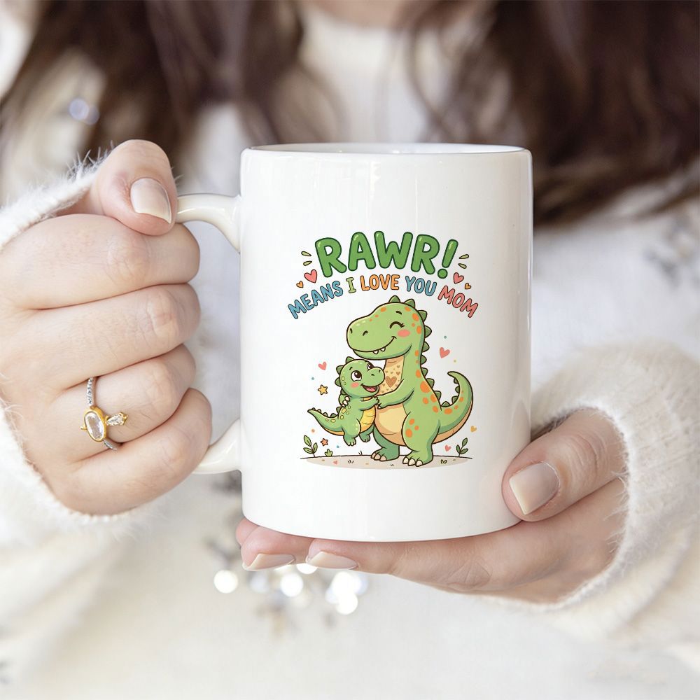 Tailorly White Ceramic 11 oz Mug - Rawr Means I Love You Mom Adorable Green Cartoon Dinosaurs Embracing Each Other Surrounded By Tiny Hearts Dinosaur