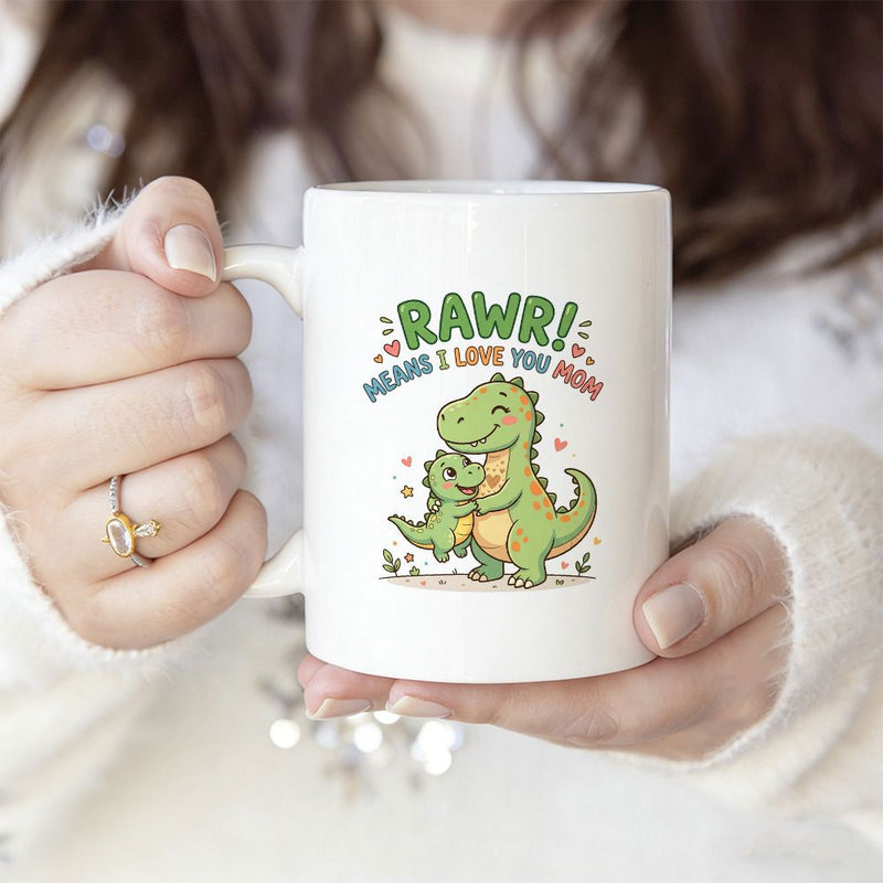 Tailorly White Ceramic 11 oz Mug - Rawr Means I Love You Mom Adorable Green Cartoon Dinosaurs Embracing Each Other Surrounded By Tiny Hearts Dinosaur