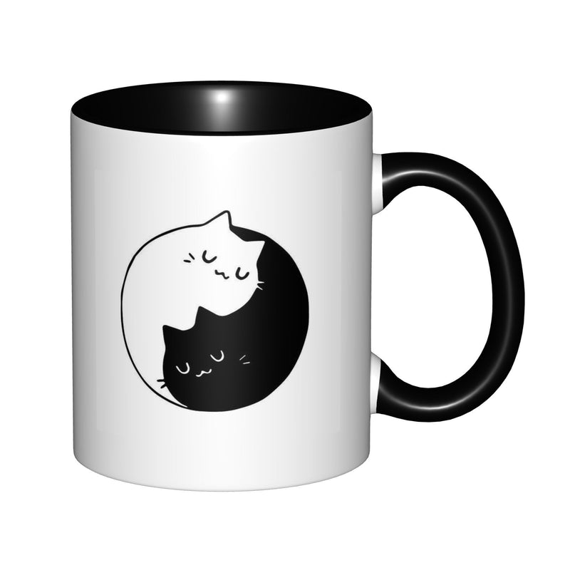 Tailorly Black Accent 11 oz Mug - yin yang cat， minimalist line art of two cuddling cats， tai symbol design， zen meditation