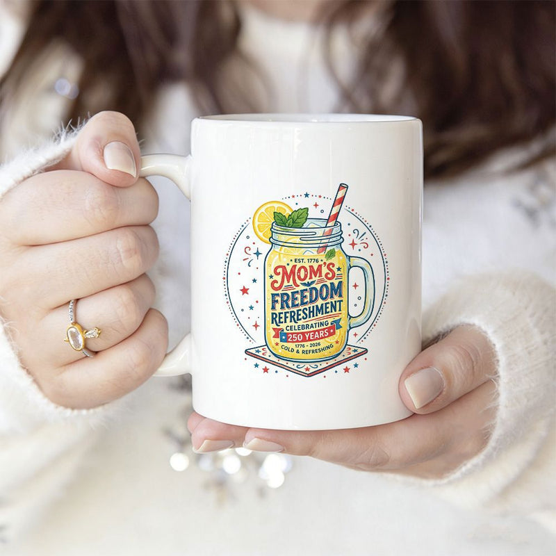 Tailorly White Ceramic 11 oz Mug - Moms Freedom Refreshment Mason Jar With Lemon Slice Mint And Striped Straw Among Sparkles Mug