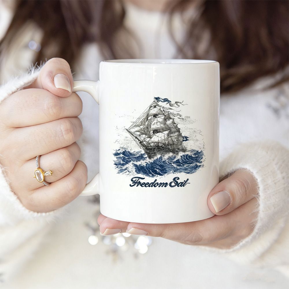 Tailorly White Ceramic 11 oz Mug - Freedom Sail Vintage Sailing Ship Among Deep Blue Ocean Waves Sailboat
