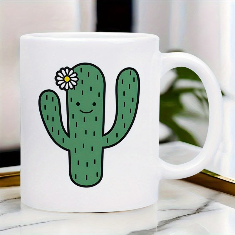 Tailorly White Ceramic 11 oz Mug - Friendly Green Cartoon Desert Plant With Small White Blossom Smiling Cactus