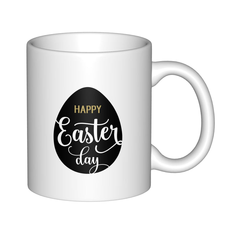 Tailorly White Ceramic 11 oz Mug - Happy Easter Day Minimalist Dark Silhouette Featuring Elegant Cursive Script Lettering Holiday Egg
