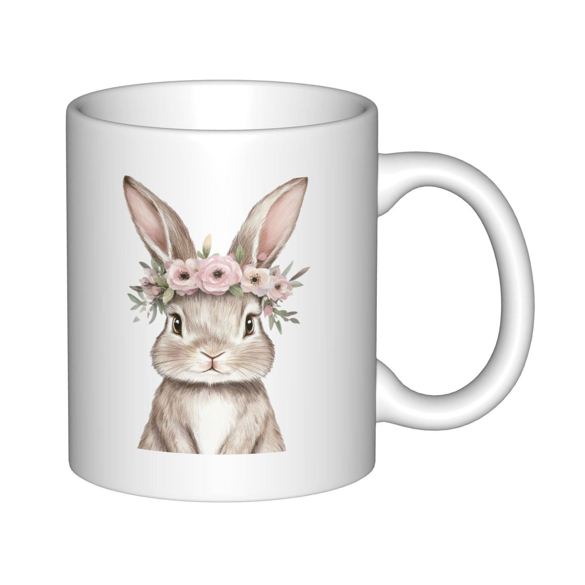 Tailorly White Ceramic 11 oz Mug - Adorable Brown Bunny With Pink Flower Crown Among Delicate Spring Leaves Rabbit