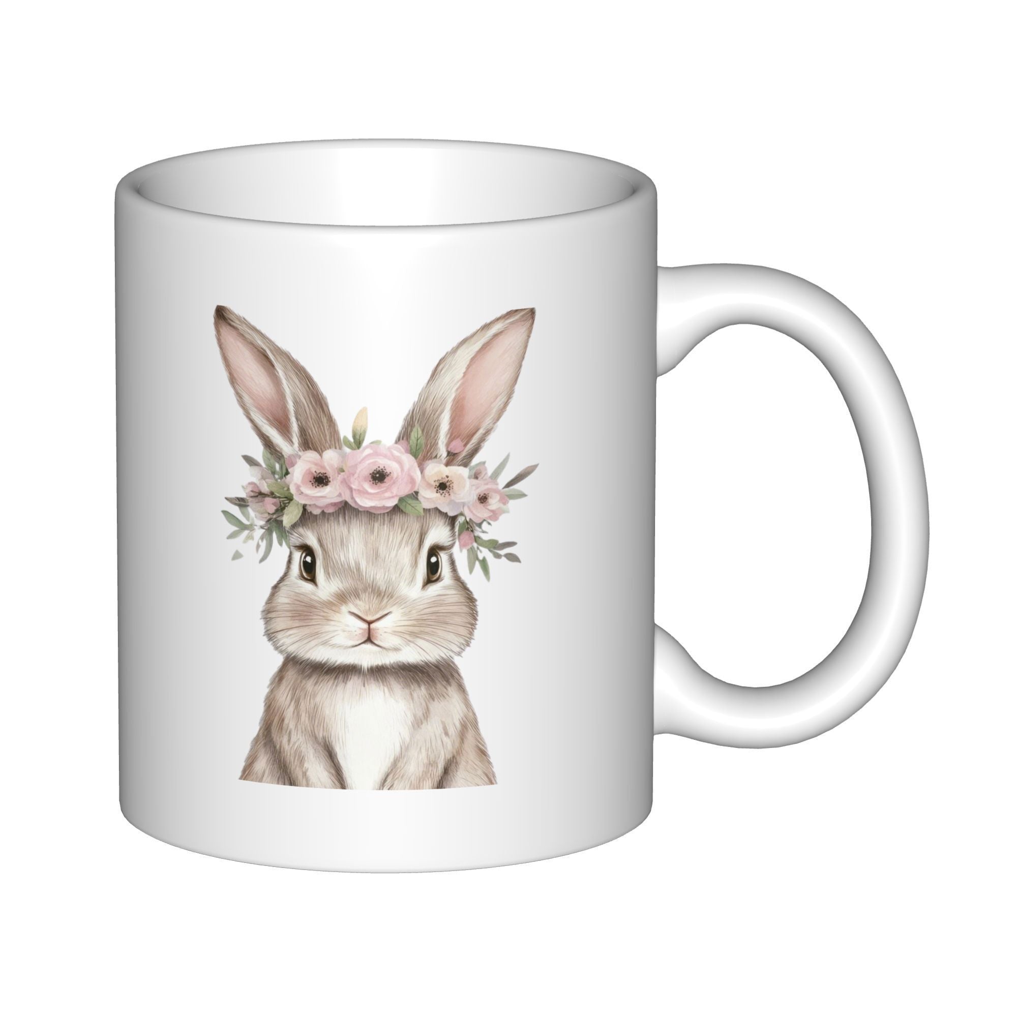 Tailorly White Ceramic 11 oz Mug - Adorable Brown Bunny With Pink Flower Crown Among Delicate Spring Leaves Rabbit
