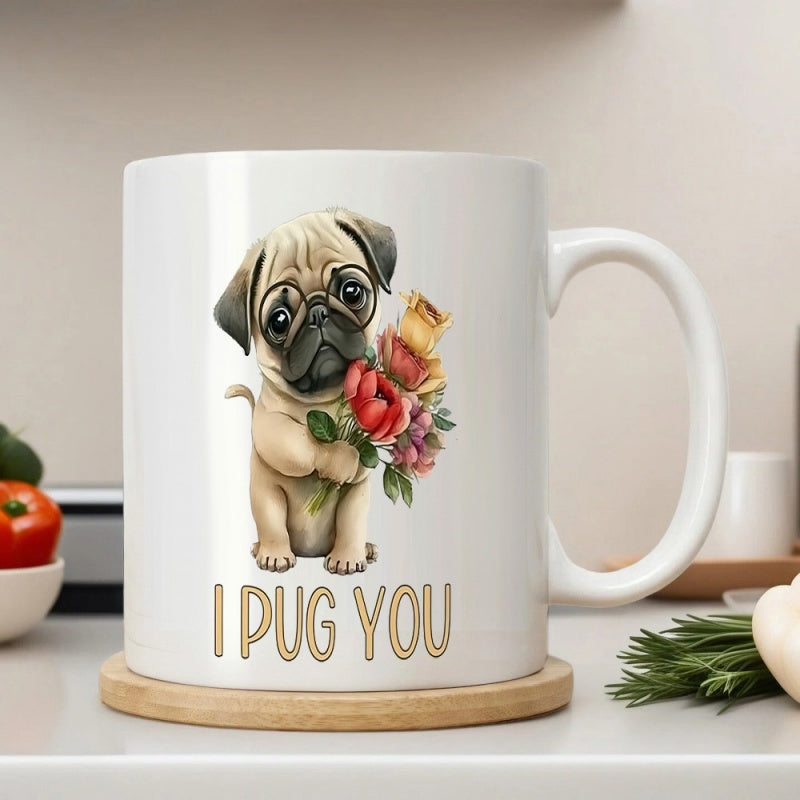 Tailorly White Ceramic 11 oz Mug - I Pug You Adorable Dog Holding A Beautiful Colorful Flower Bouquet Under Soft Light Pug