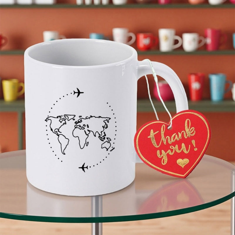 Tailorly White Ceramic 11 oz Mug - Thank You Simple Minimalist Outline Drawing Of Global Travel Flight Path Map