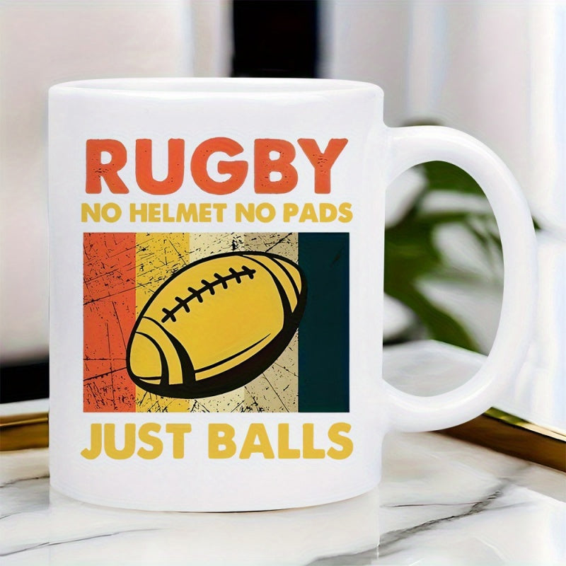 Tailorly White Ceramic 11 oz Mug - Rugby No Helmet No Pads Just Balls Vintage Distressed Colorful Stripes Behind A Detailed Stitched Yellow Sports Ball