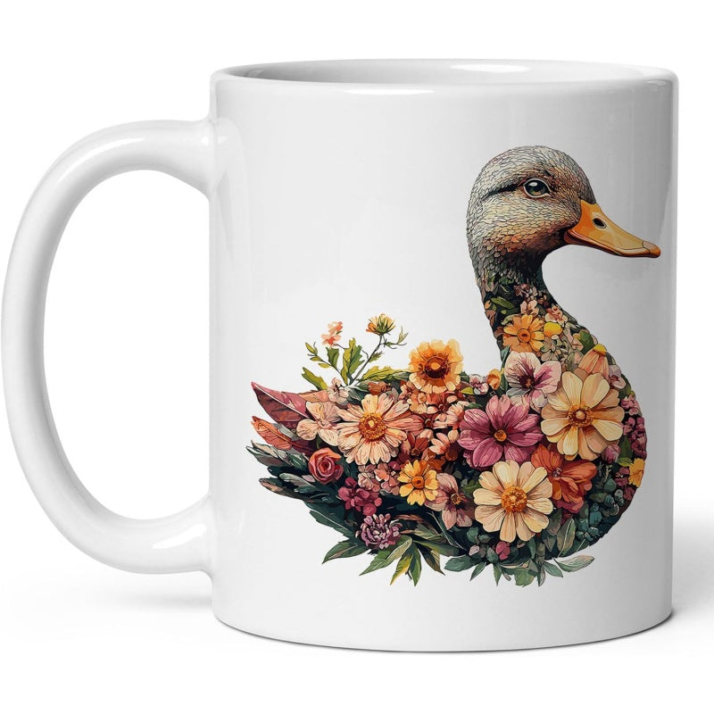 Tailorly White Ceramic 11 oz Mug - Artistic Floral Pattern Blooming Inside A Graceful Sitting Mallard Duck