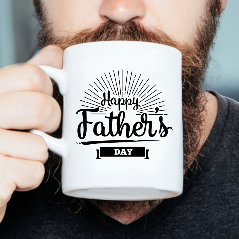 Tailorly White Ceramic 11 oz Mug - Happy Father's Day Radiant Sunburst Lines With Decorative Script Banner In Classic Style Mug