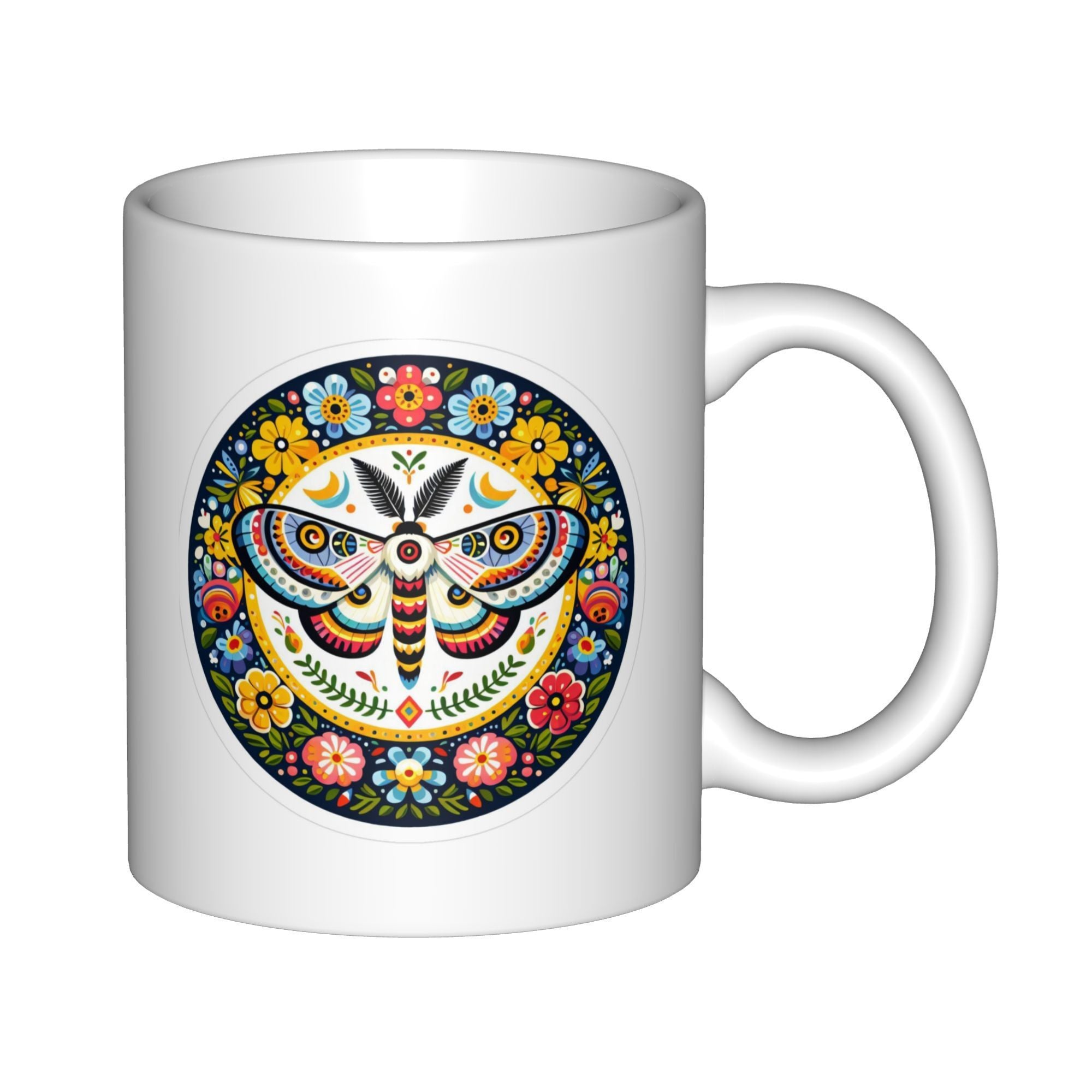 Tailorly White Ceramic 11 oz Mug - Colorful Folk Art Flowers Surrounding A Detailed Symmetrical Patterned Moth