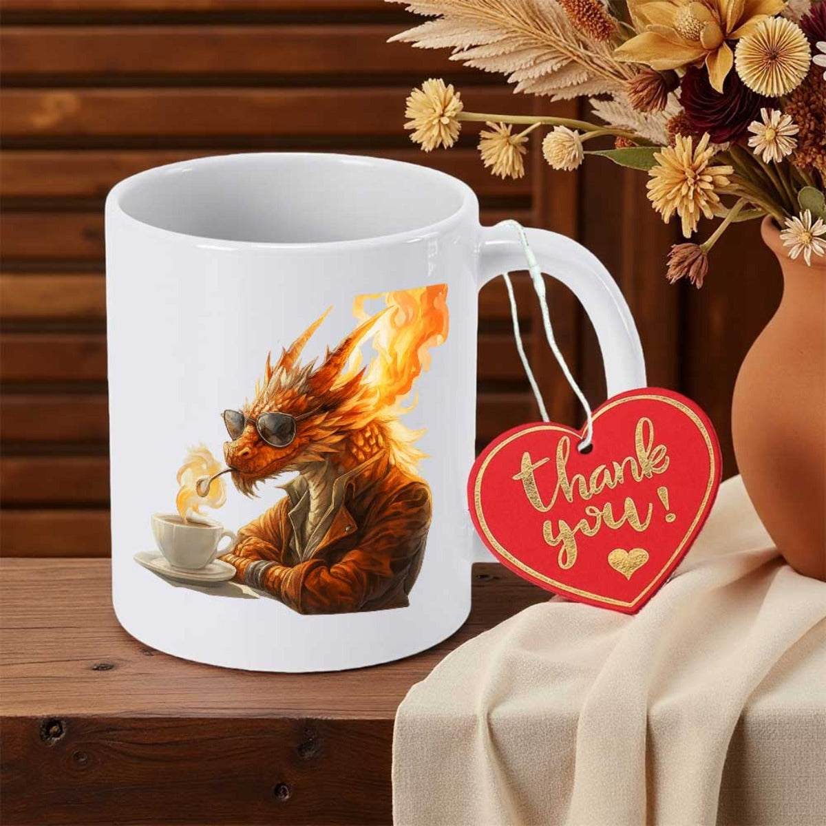 Tailorly White Ceramic 11 oz Mug - Cool Fiery Mythical Creature Wearing Leather Jacket Sipping Hot Steaming Coffee Dragon