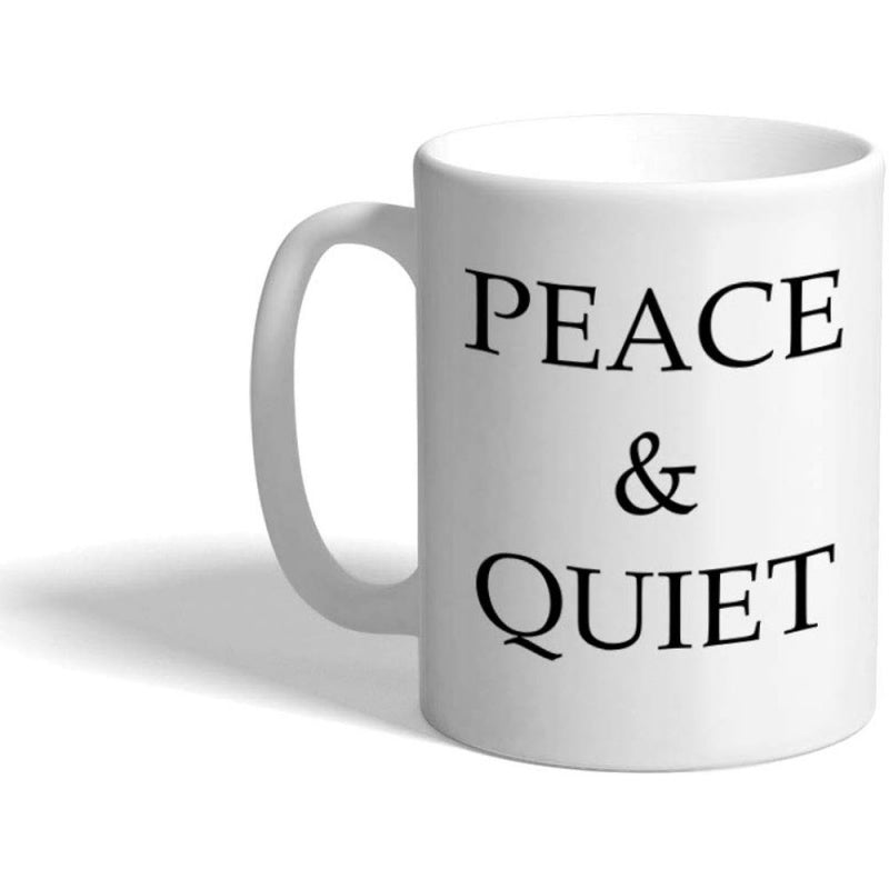 Tailorly White Ceramic 11 oz Mug - Peace Quiet Minimalist Porcelain Beverage Container Resting On Neutral Flat Surface Mug