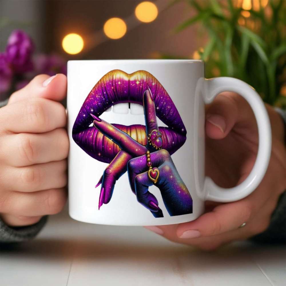 Tailorly White Ceramic 11 oz Mug - Vibrant Purple Galaxy Texture Shushing Hands With Elegant Golden Heart Jewelry Lips