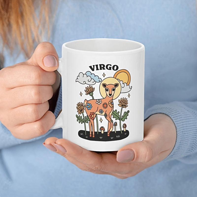 Tailorly White Ceramic 11 oz Mug - Virgo Celestial Nature Scene Featuring Floral Patterns And Small Mushrooms Deer