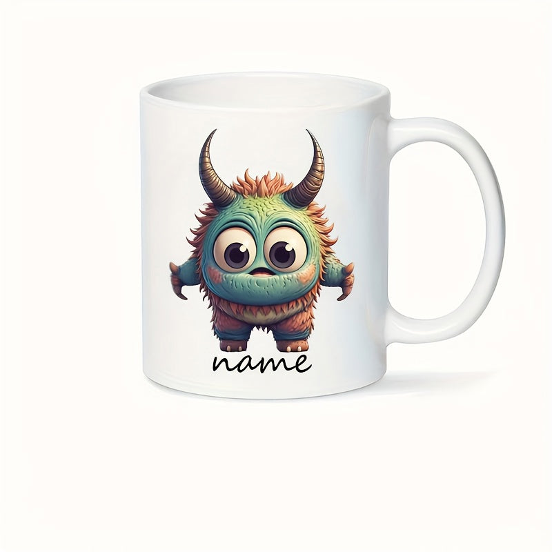 Tailorly White Ceramic 11 oz Mug - Name Adorable Fuzzy Turquoise Creature With Curved Horns And Large Expressive Eyes Monster