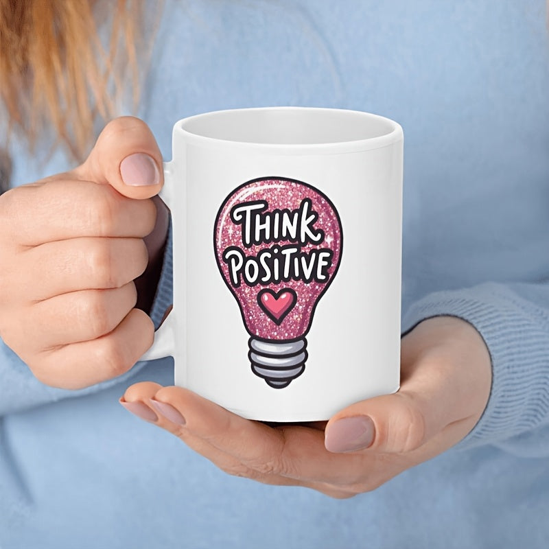 Tailorly White Ceramic 11 oz Mug - Think Positive Shining Pink Glitter Texture With A Small Heart Lightbulb