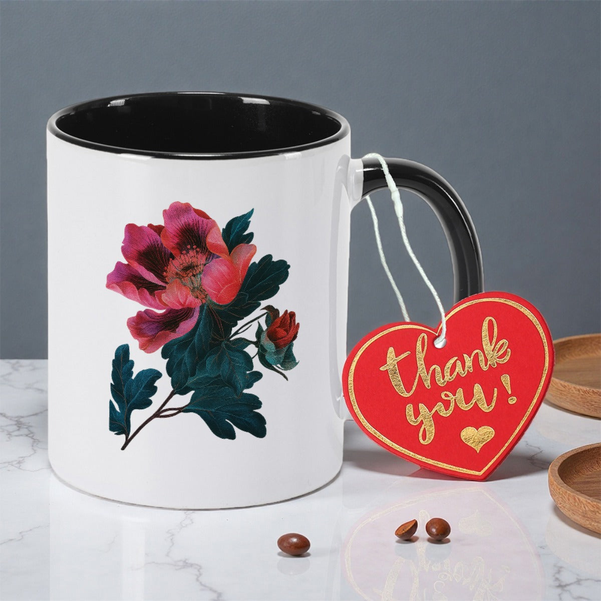 Tailorly Black Accent 11 oz Mug - embroidered peony flowers with intricate leaves
