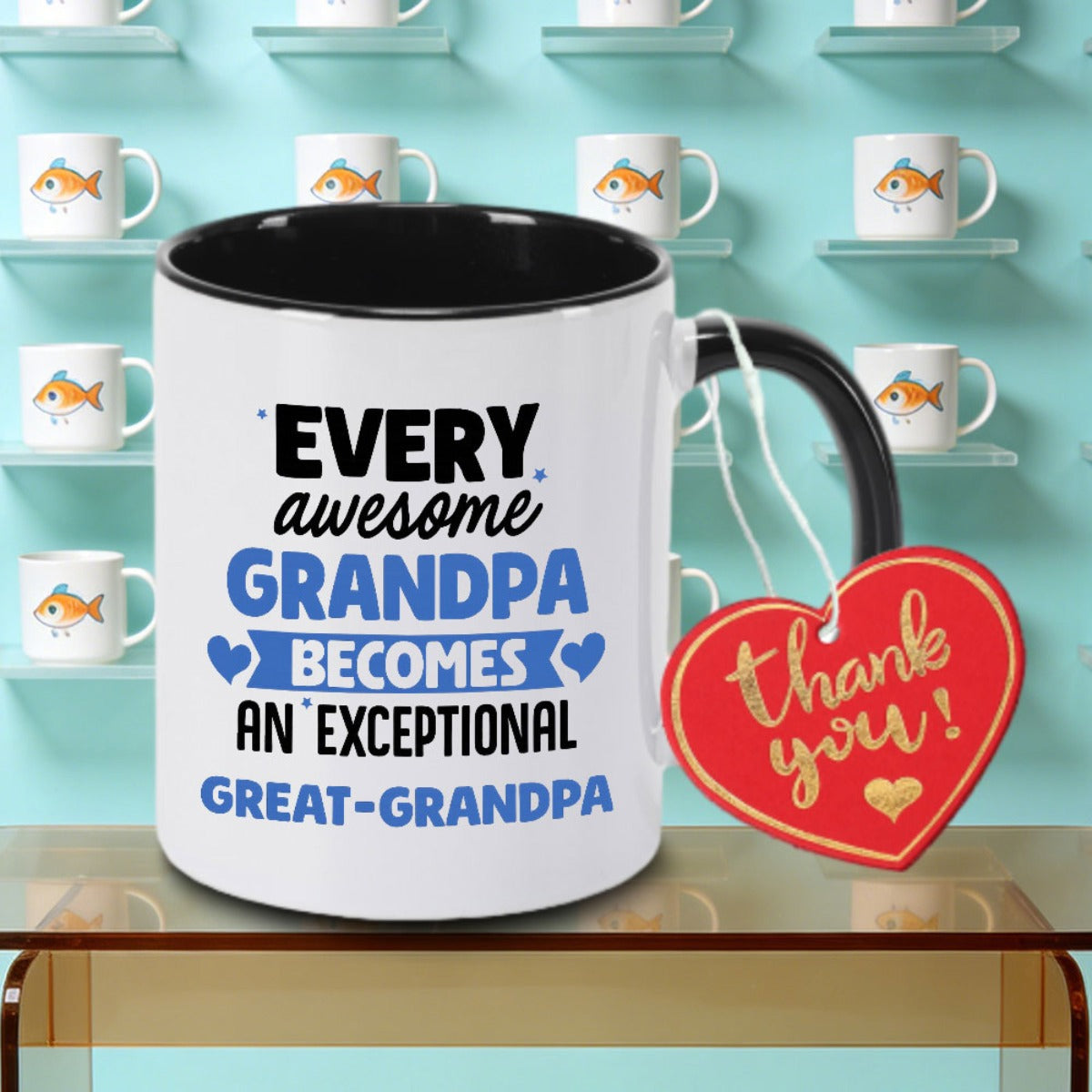 Tailorly Black Accent 11 oz Mug - White and blue heart-shaped design