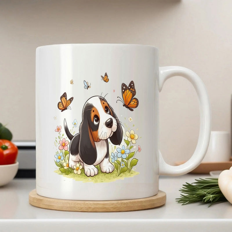 Tailorly White Ceramic 11 oz Mug - Cute Small Puppy Playing Among Blooming Flowers And Flying Butterflies Basset Hound