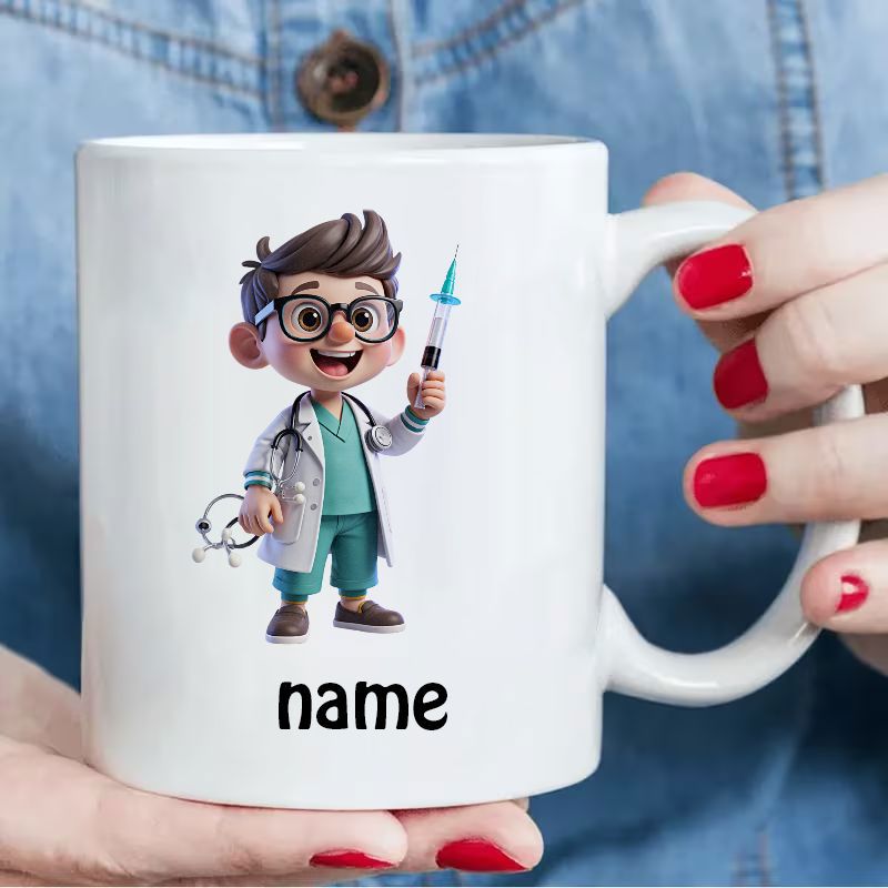 Tailorly White Ceramic 11 oz Mug - Name Cute Little Boy Professional Medical Staff Holding A Medical Syringe Doctor