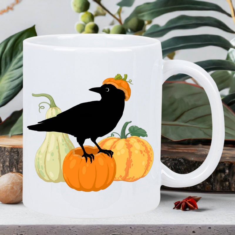 Tailorly White Ceramic 11 oz Mug - Whimsical Black Bird Wearing Tiny Hat Standing Among Seasonal Harvest Crow