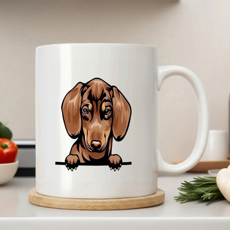 Tailorly White Ceramic 11 oz Mug - Adorable Brown Peeking Puppy Over A Simple Black Edge Line Dachshund