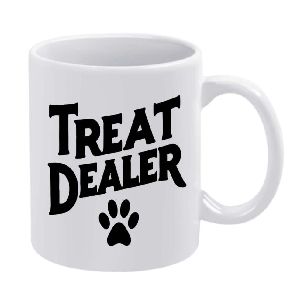 Tailorly White Ceramic 11 oz Mug - Treat Dealer Featuring Bold Black Lettering Above A Stylized Pet Print Paw