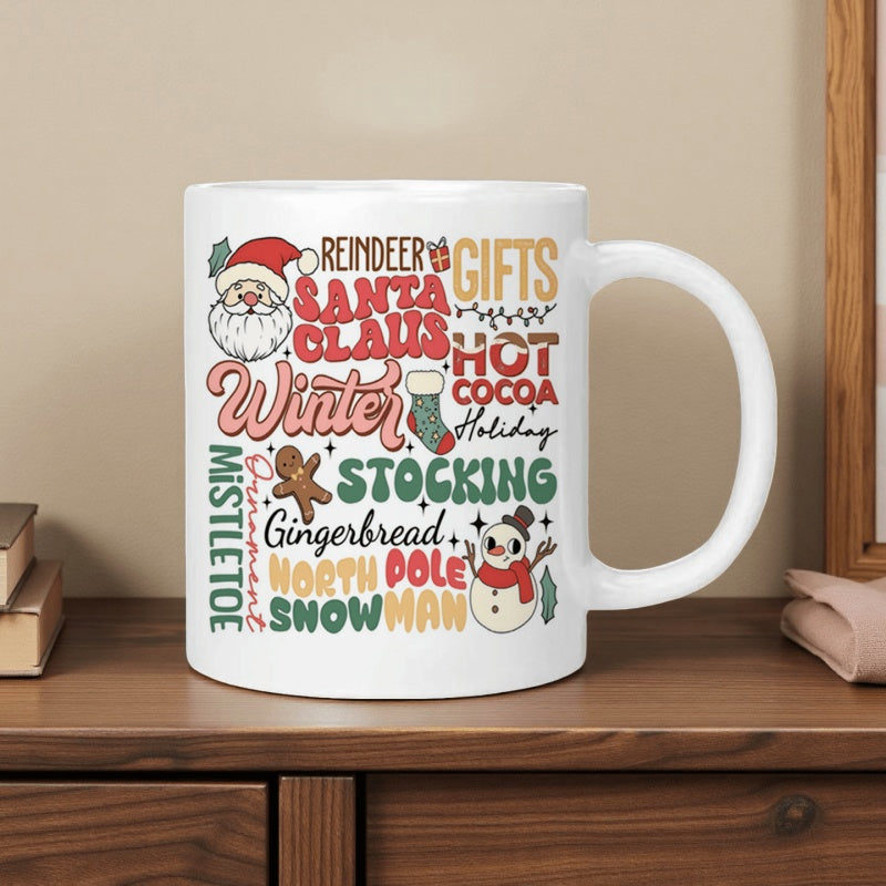 Tailorly White Ceramic 11 oz Mug - Reindeer Santa Claus Winter Festive Typography With Classic Retro Holiday Icons Mug