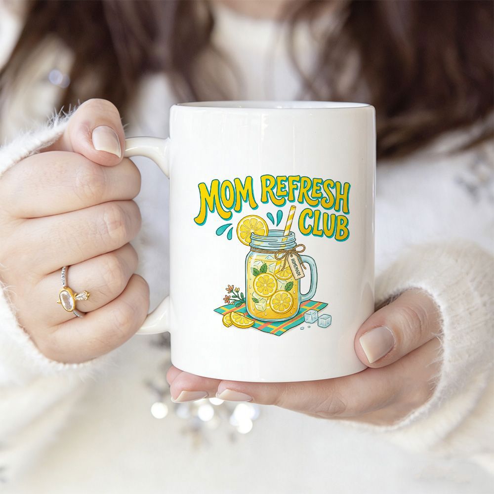 Tailorly White Ceramic 11 oz Mug - Mom Refresh Club Refreshing Lemonade In A Glass Mason Jar With Straw And Fruit Jar