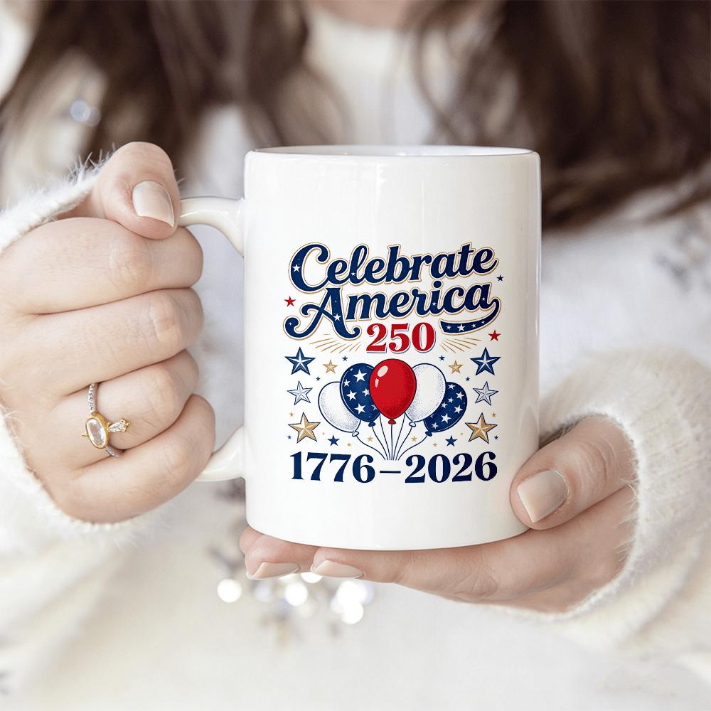 Tailorly White Ceramic 11 oz Mug - Celebrate America 250 1776 2026 Festive Patriotic Balloons Decorated With Stars And Stripes Among Golden Twinkling Balloons